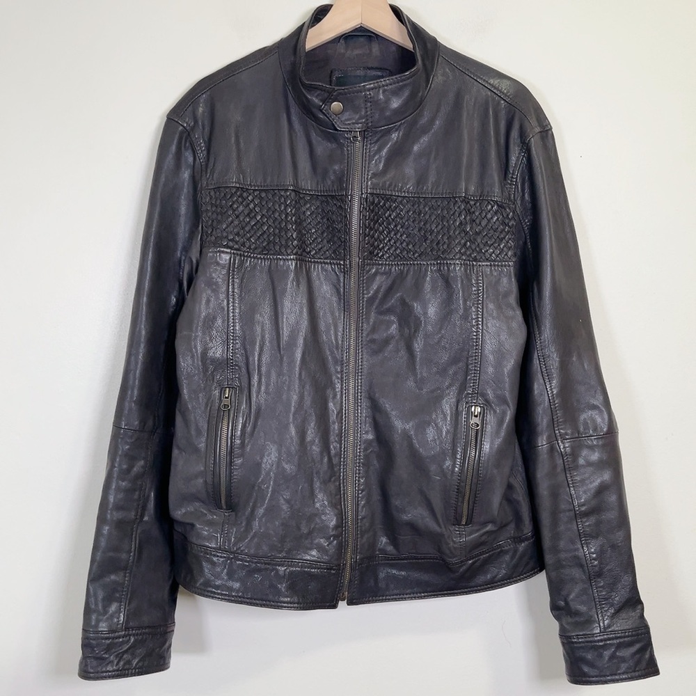 Zara Men Woven Genuine Leather  Bomber Biker Jacket